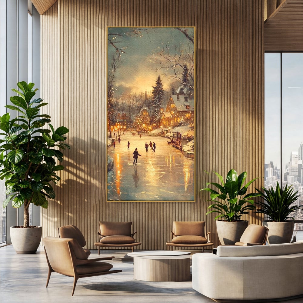 Tablou canvas cu pictura cu patinatori pe gheata de iarna, in rama de aluminiu auriu, pe perete intr-un birou